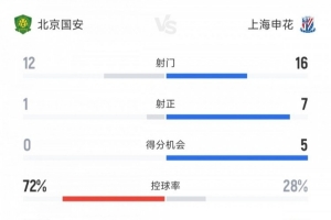 国安vs申花全场数据：射门比12-16 射正比1-7 国安控球率超七成